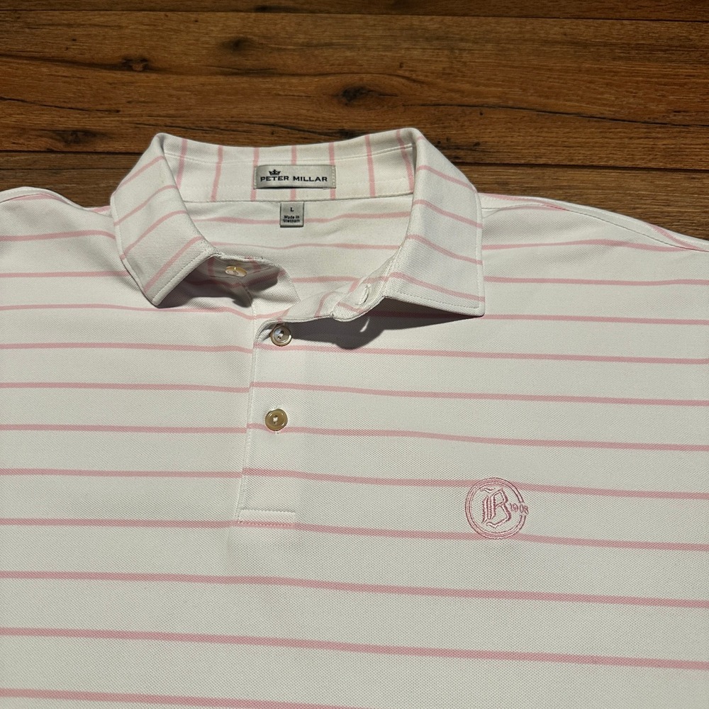 Peter Millar White Pink Striped Polo Shirt Mens Large Butler Country Club Logo - Picture 4 of 6